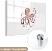 MuchoWow® Glasschilderij 150x100 cm - Schilderij acrylglas - Octopus - Zeedieren - Wit - Waterverf - Foto op glas - Schilderijen