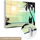 MuchoWow® Glasschilderij 90x60 cm - Schilderij acrylglas - Zee - Surfen - Zon - Palmboom - Foto op glas - Schilderijen