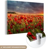MuchoWow® Glasschilderij 90x60 cm - Schilderij acrylglas - Klaprozen - Wolken - Zon - Foto op glas - Schilderijen