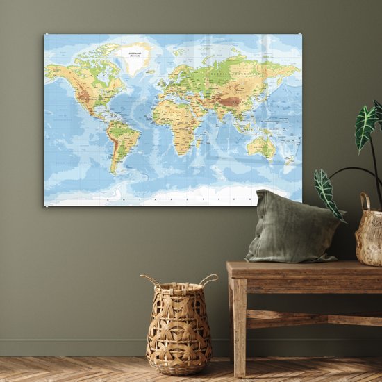 Tableau sur Verre - Carte du Wereldkaart - Géographie - Atlas - 120x80 cm - Peintures sur Verre Peintures - Photo sur Glas
