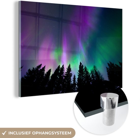 MuchoWow® Glasschilderij 30x20 cm - Schilderij acrylglas - Noorderlicht - Lucht - Nacht - Boom - Foto op glas - Schilderijen