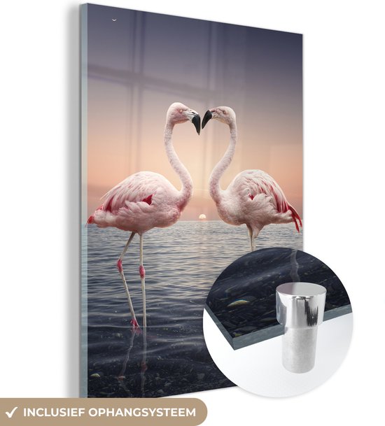 MuchoWow® Glasschilderij 60x80 cm - Schilderij acrylglas - Flamingo - Hart - Zee - Romantisch - Foto op glas - Schilderijen