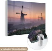 MuchoWow® Glasschilderij 120x80 cm - Schilderij acrylglas - Molen - Nederland - Mist - Foto op glas - Schilderijen