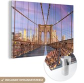 MuchoWow® Glasschilderij 180x120 cm - Schilderij acrylglas - New York - Zonsondergang - Brooklyn Bridge - Foto op glas - Schilderijen