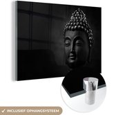 MuchoWow® Glasschilderij 150x100 cm - Schilderij acrylglas - Boeddha - Zwart - Gezicht - Foto op glas - Schilderijen