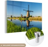 MuchoWow® Glasschilderij 30x20 cm - Schilderij acrylglas - Molen - Lente - Nederland - Foto op glas - Schilderijen