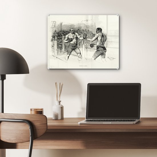 ® Glasschilderij 40x30 cm - Schilderij acrylglas - Een illustratie van een wedstrijd boksen - Foto op glas - Muurdecoratie woonkamer - Wanddecoratie slaapkamer - Schilderijen