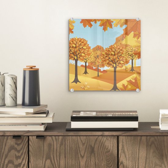 MuchoWow® Peinture sur verre 20x20 cm - Peinture sur verre acrylique - Une illustration d'arbres automnaux - Photo sur verre - Peintures