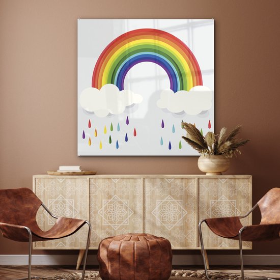 Peinture sur verre - un arc-en-ciel avec des nuages et des gouttes d'arc-en-ciel - 90x90 cm - Peintures sur Verre Peintures - Photo sur Glas