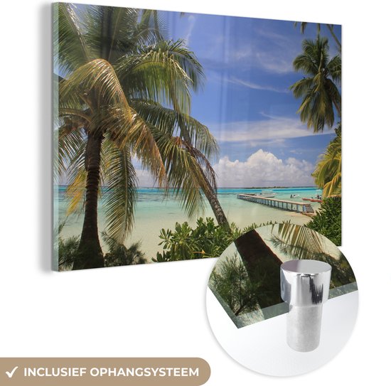 MuchoWow® Glasschilderij 30x20 cm - Schilderij acrylglas - De pier over de zee op Moorea dichtbij Tahiti in Frans Polynesië - Foto op glas - Schilderijen