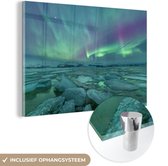 MuchoWow® Glasschilderij 60x40 cm - Schilderij acrylglas - Noorderlicht - IJs - IJsland - Foto op glas - Schilderijen