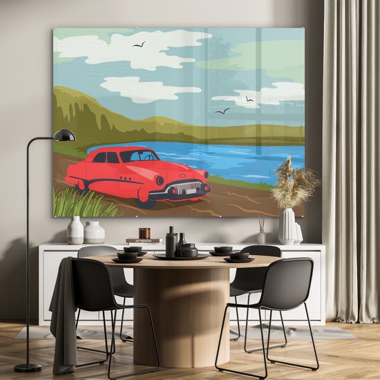 MuchoWow® Peinture sur verre 160x120 cm - Peinture sur verre acrylique - Voiture rouge Vintage - Photo sur verre - Peintures