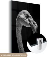 MuchoWow® Glasschilderij 60x80 cm - Schilderij acrylglas - Dierenportret flamingo in zwart-wit - Foto op glas - Schilderijen