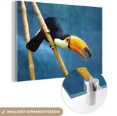 MuchoWow® Glasschilderij 150x100 cm - Schilderij acrylglas - Kleurrijke toekan op een dunne tak - Foto op glas - Schilderijen
