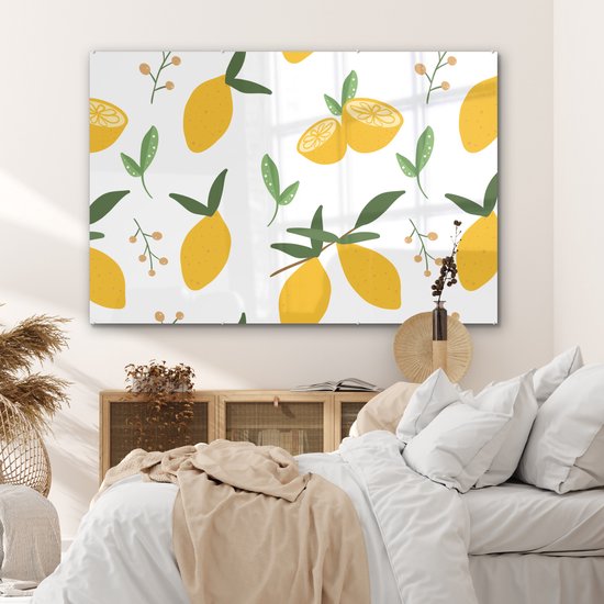 MuchoWow® Peinture sur Verre - Citrons - Motifs - Wit - Abstrait - 150x100 cm - Peintures sur Verre Peintures - Photo sur Glas