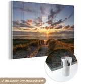 MuchoWow® Glasschilderij 60x40 cm - Schilderij acrylglas - Kleurrijke zonsondergang boven de kalme duinen - Foto op glas - Schilderijen