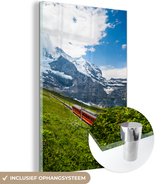 MuchoWow® Glasschilderij 80x120 cm - Schilderij acrylglas - Alpen - Trein - Rood - Foto op glas - Schilderijen