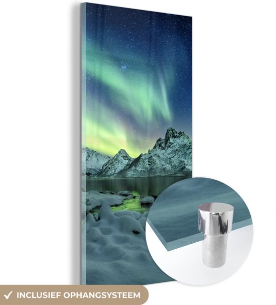 MuchoWow® Glasschilderij 40x80 cm - Schilderij acrylglas - Zee - IJs - Noorderlicht - Winter - Natuur - Foto op glas - Schilderijen