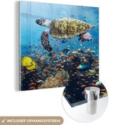 MuchoWow® Glasschilderij 90x90 cm - Schilderij acrylglas - Schildpad bij koraalrif - Foto op glas - Schilderijen