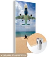 MuchoWow® Glasschilderij 40x80 cm - Schilderij acrylglas - Strand - Zee - Vliegtuig - Foto op glas - Schilderijen