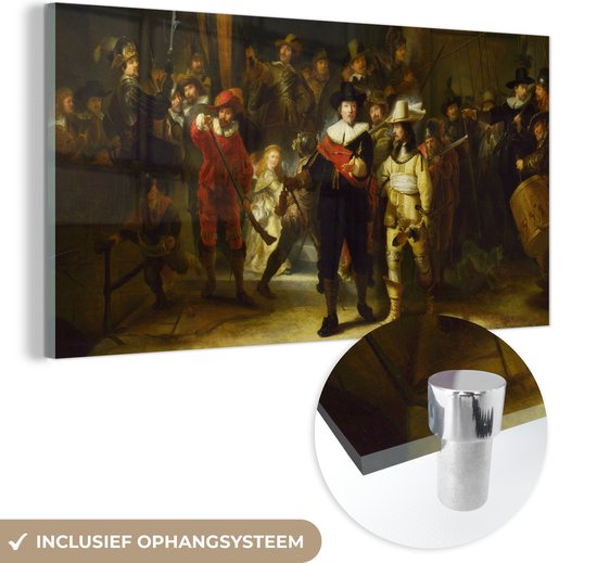 MuchoWow® Glasschilderij 80x40 cm - Schilderij acrylglas - De Nachtwacht - Rembrandt van Rijn - Foto op glas - Schilderijen