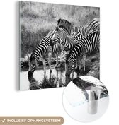 MuchoWow® Glasschilderij 90x90 cm - Schilderij acrylglas - Drinkende zebra's - Foto op glas - Schilderijen