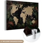 MuchoWow® Glasschilderij 60x40 cm - Schilderij acrylglas - Wereldkaart - Bladeren - Bloemen - Foto op glas - Schilderijen
