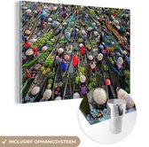 MuchoWow® Glasschilderij 90x60 cm - Schilderij acrylglas - Drijvende markt in Indonesië - Foto op glas - Schilderijen