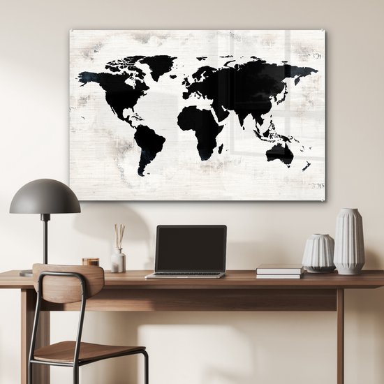 Peinture sur Verre - Carte du Wereldkaart - Zwart - Bois - 120x80 cm - Peintures sur Verre Peintures - Photo sur Glas