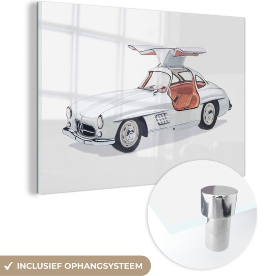 MuchoWow® Glasschilderij - Illustration van een vintage Mercedes Gullwing sportauto uit de jaren '50 - 180x120 cm - Acrylglas Schilderijen - Foto op Glas