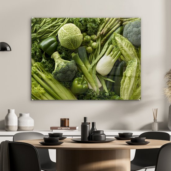 MuchoWow® Peinture sur verre 80x60 cm - Peinture sur verre acrylique - Légumes verts frais en un seul endroit - Photo sur verre - Peintures