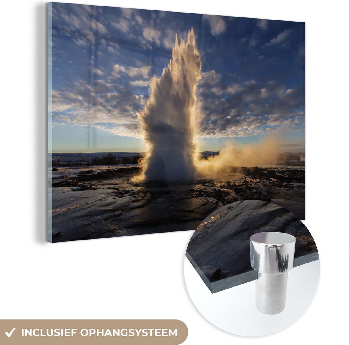 ® Glasschilderij 90x60 cm - Schilderij acrylglas - Uitbarsting geiser tijdens zonsopgang -
