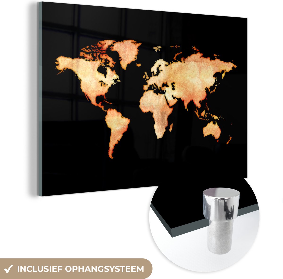® Glasschilderij 30x20 cm - Schilderij acrylglas - Wereldkaart - Waterverf - Zwart - Foto op glas - Muurdecoratie woonkamer - Wanddecoratie slaapkamer - Schilderijen