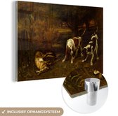 MuchoWow® Glasschilderij 120x80 cm - Schilderij acrylglas - Jachthonden met dode haas - Schilderij van Gustave Courbet - Foto op glas - Schilderijen