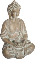 Statue Bouddha Atmosphera - assis - intérieur/extérieur - pierre artificielle - beige blanchi - 39 cm