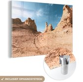 MuchoWow® Glasschilderij 180x120 cm - Schilderij acrylglas - Bandensporen in de woestijn - Foto op glas - Schilderijen