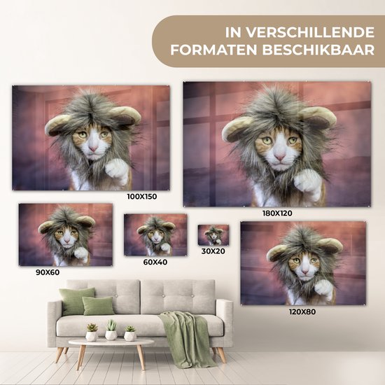 MuchoWow® Peinture sur Verre - Chat - Costume - Lion - 120x80 cm - Peintures sur Verre Acrylique - Photo sur Glas