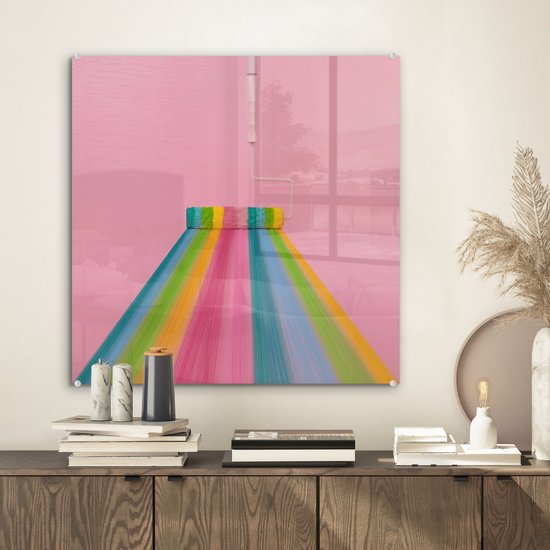 MuchoWow® Peinture sur verre 50x50 cm - Peinture sur verre - Rouleau à peinture qui fait des rayures arc-en-ciel - Photo sur verre acrylique - Peintures