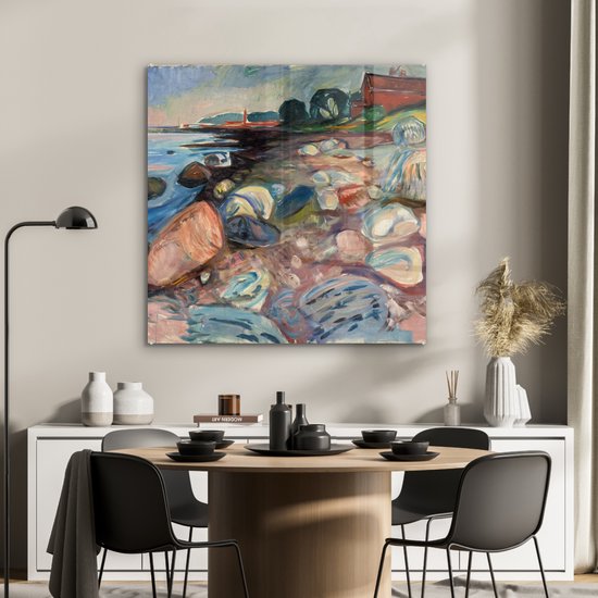 MuchoWow® Peinture sur verre 90x90 cm - Peinture sur verre acrylique - Banque avec maison rouge - Edvard Munch - Photo sur verre - Peintures