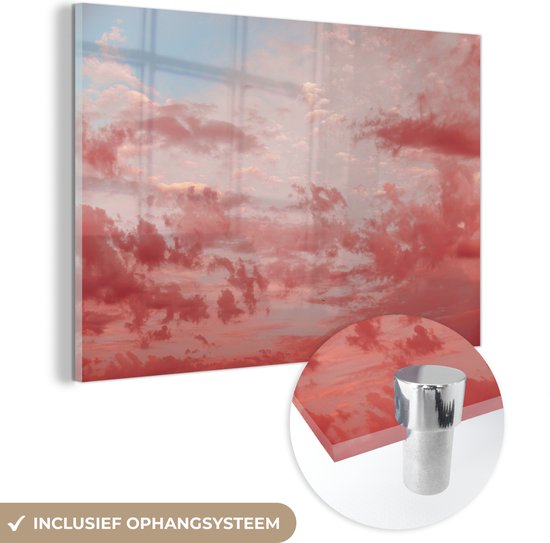 MuchoWow® Glasschilderij 90x60 cm - Schilderij acrylglas - Roze wolken - Foto op glas - Schilderijen