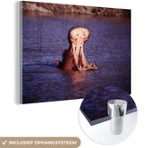 MuchoWow® Glasschilderij 60x40 cm - Schilderij acrylglas - Nijlpaard - Water - Bek - Foto op glas - Schilderijen