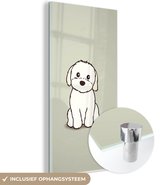 MuchoWow® Glasschilderij 20x40 cm - Schilderij acrylglas - Een illustratie van een witte puppy - Foto op glas - Schilderijen