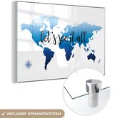 MuchoWow® Glasschilderij 180x120 cm - Schilderij acrylglas - Wereldkaart - Blauw - Kompas - Foto op glas - Schilderijen