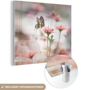 MuchoWow® Glasschilderij 20x20 cm - Schilderij acrylglas - Vlinder - Bloem - Roze - Foto op glas - Schilderijen