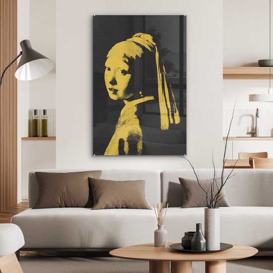 MuchoWow® Peinture sur Verre - Fille à la Perle - Johannes Vermeer - Jaune - 60x90 cm - Peintures sur Verre Acrylique - Photo sur Glas