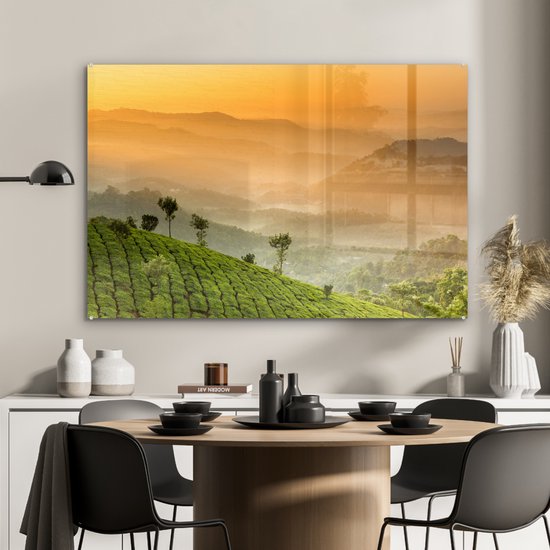 MuchoWow® Peinture sur verre 120x80 cm - Peinture sur verre acrylique - Coucher de soleil sur les plantations de thé - Photo sur verre - Peintures