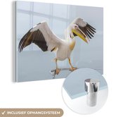 MuchoWow® Glasschilderij 150x100 cm - Schilderij acrylglas - Roze pelikaan met gestrekte vleugels - Foto op glas - Schilderijen