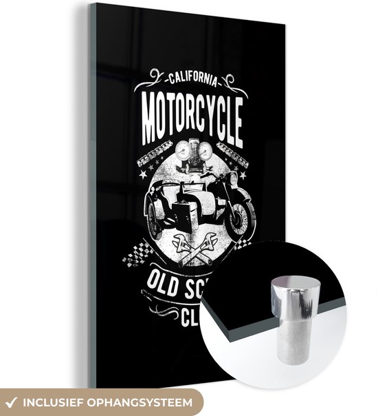 MuchoWow® Peinture sur verre 120x180 cm - Peinture sur verre acrylique - Illustration rétro du California Motorcycle club sur fond noir - Photo sur verre - Peintures