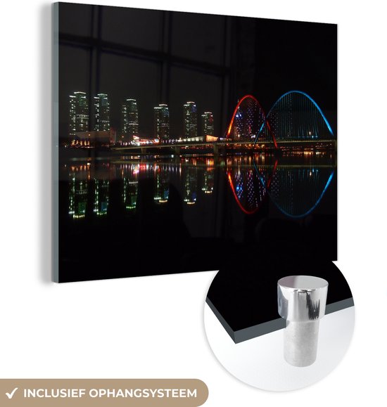 MuchoWow® Glasschilderij 80x60 cm - Schilderij acrylglas - Nachtelijke skyline van Expo bruggen in Daejeon Zuid-Korea - Foto op glas - Schilderijen