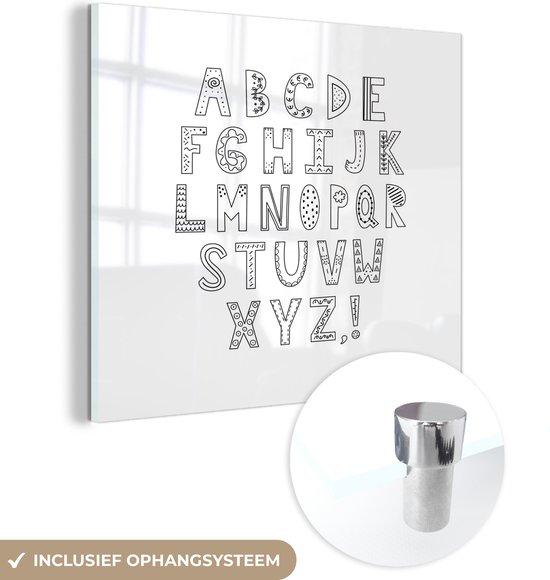 MuchoWow® Glasschilderij 50x50 cm - Schilderij acrylglas - Illustratie alfabet met versierde letters zwart-wit - Foto op glas - Schilderijen